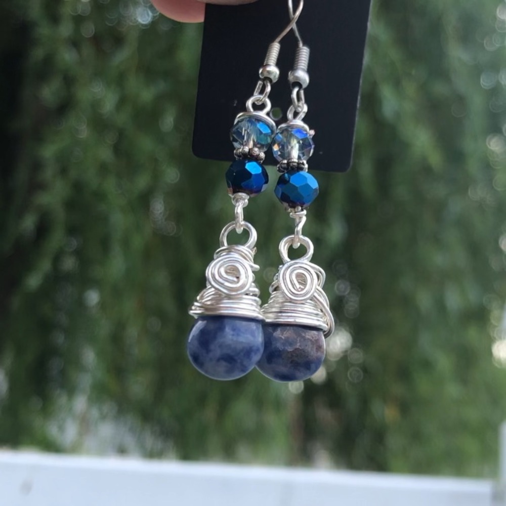 Wire Wrapped Sodalite Briolette Gemstone Dangle Earrings - Handmade - Picture 6 of 11
